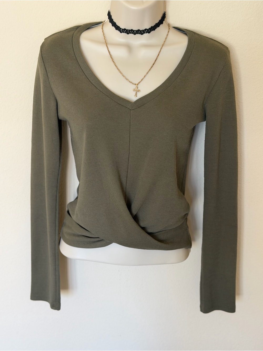 Olive Green Ribbed V-Neck Long Sleeve Twist Front Top